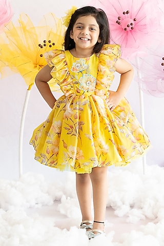 Yellow Soft Organza & Sof Net Floral Printed Flared Dress For Girls by Ruchikalathlabel