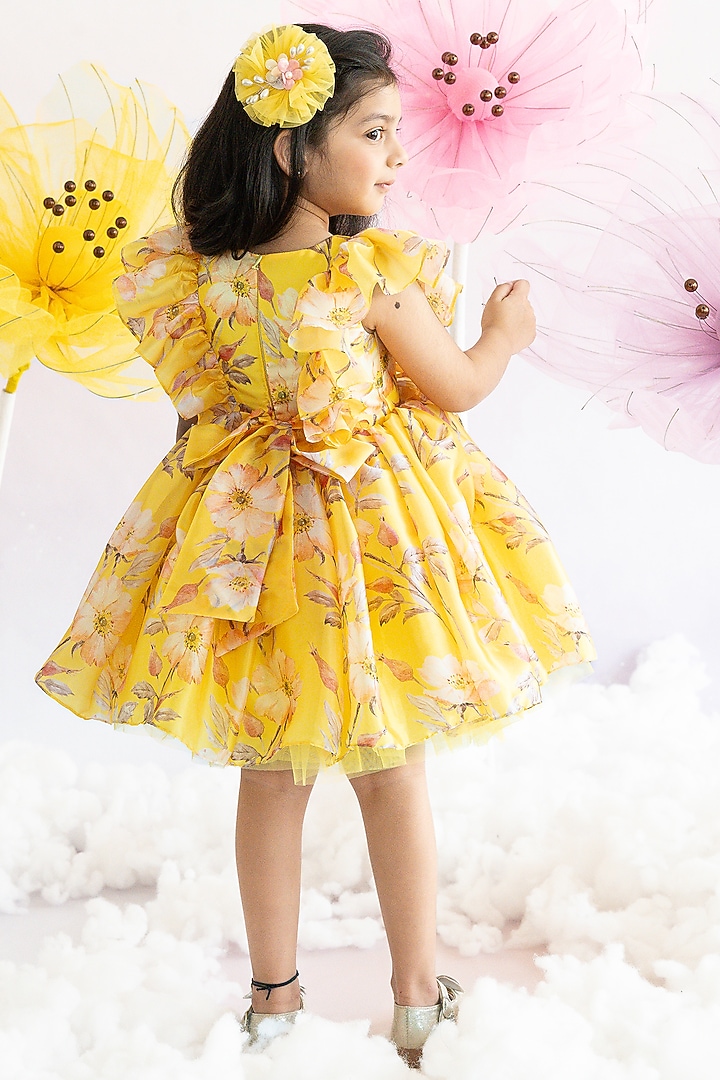 Yellow Soft Organza & Sof Net Floral Printed Flared Dress For Girls by Ruchikalathlabel at Pernia's Pop Up Shop