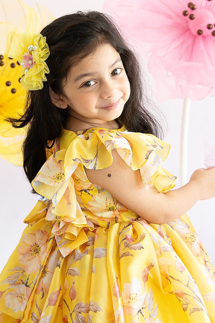 Yellow Soft Organza & Sof Net Floral Printed Flared Dress For Girls by Ruchikalathlabel at Pernia's Pop Up Shop
