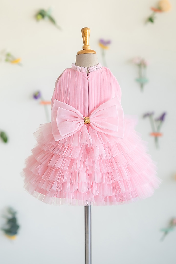 Pink Tulle Hand Embroidered Layered Dress For Girls by Ruchikalathlabel at Pernia's Pop Up Shop