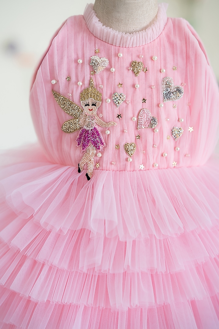 Pink Tulle Hand Embroidered Layered Dress For Girls by Ruchikalathlabel at Pernia's Pop Up Shop