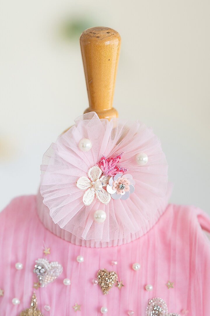 Pink Tulle Hand Embroidered Layered Dress For Girls by Ruchikalathlabel at Pernia's Pop Up Shop