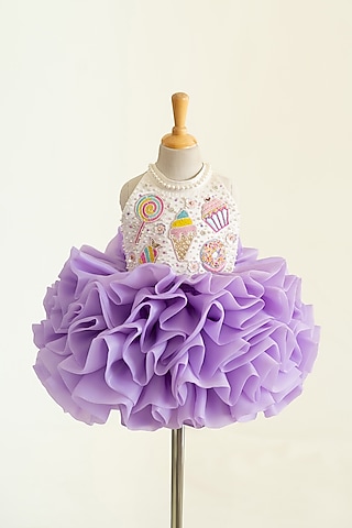 Purple Bridal Satin & Butter Organza Hand Embroidered Layered Dress For Girls by Ruchikalathlabel