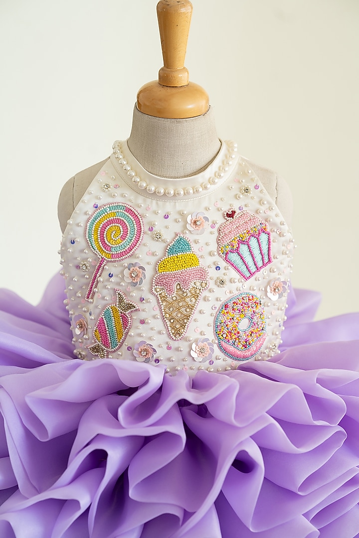 Purple Bridal Satin & Butter Organza Hand Embroidered Layered Dress For Girls by Ruchikalathlabel at Pernia's Pop Up Shop
