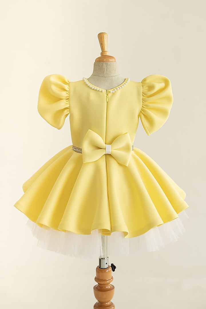 Yellow Neoprene Embroidered Flared Dress For Girls by Ruchikalathlabel at Pernia's Pop Up Shop