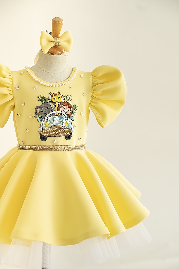Yellow Neoprene Embroidered Flared Dress For Girls by Ruchikalathlabel at Pernia's Pop Up Shop