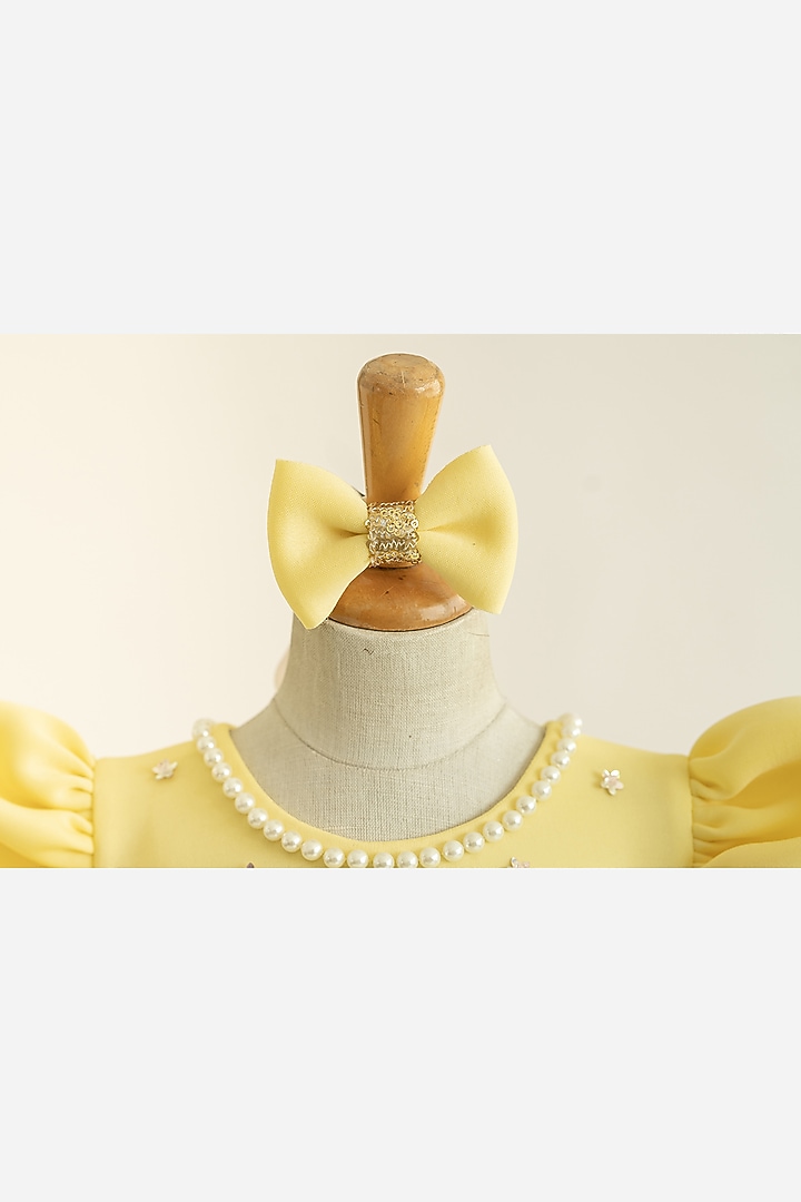 Yellow Neoprene Embroidered Flared Dress For Girls by Ruchikalathlabel at Pernia's Pop Up Shop