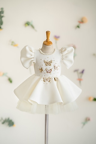 Off-White Scuba & Soft Net Hand Embroidered Flared Dress For Girls by Ruchikalathlabel