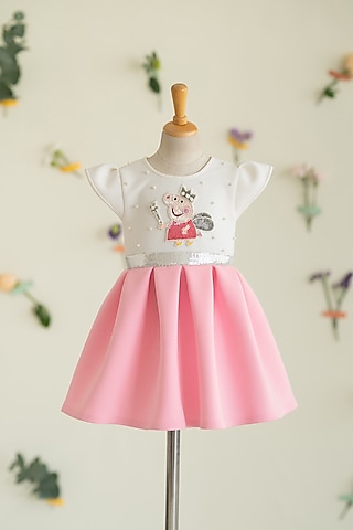 White & Pink Soft Neoprene Motif Hand Embroidered Pleated Dress For Girls by Ruchikalathlabel