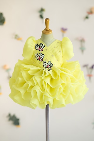 Yellow Butter Organza Hand Embroidered Fluffy Layered Dress For Girls by Ruchikalathlabel