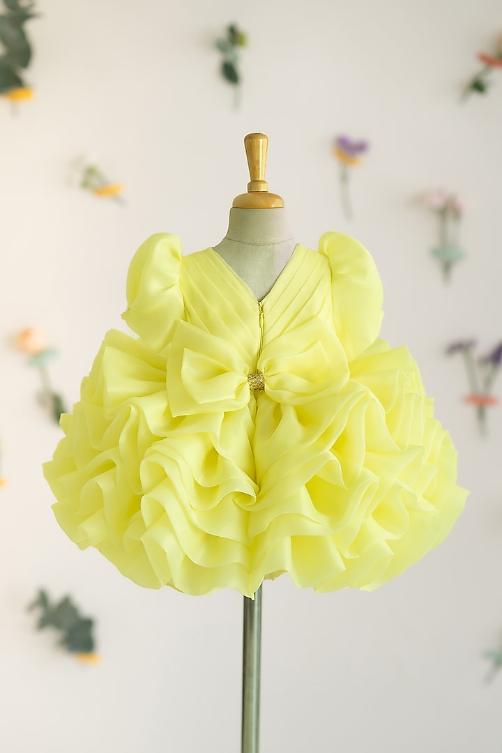 Yellow Butter Organza Hand Embroidered Fluffy Layered Dress For Girls by Ruchikalathlabel at Pernia's Pop Up Shop