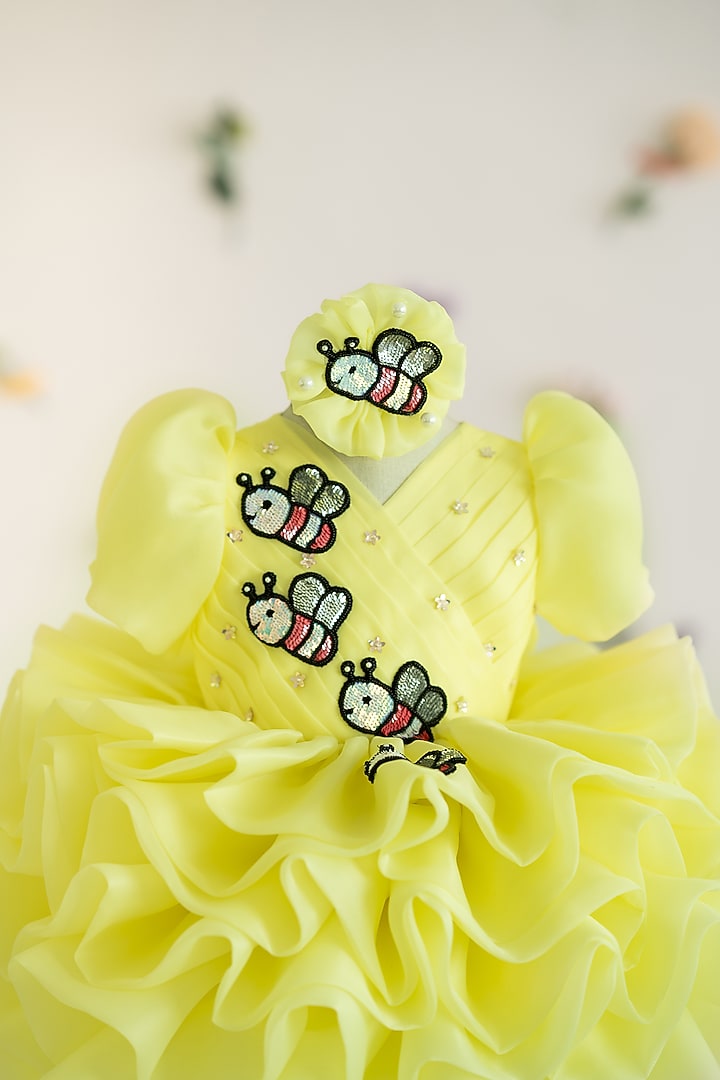 Yellow Butter Organza Hand Embroidered Fluffy Layered Dress For Girls by Ruchikalathlabel at Pernia's Pop Up Shop