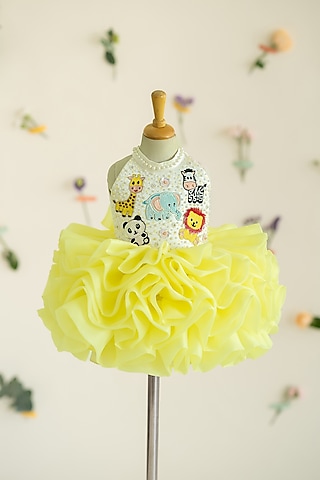 Yellow Bridal Satin Hand Embroidered Fluffy Layered Dress For Girls by Ruchikalathlabel