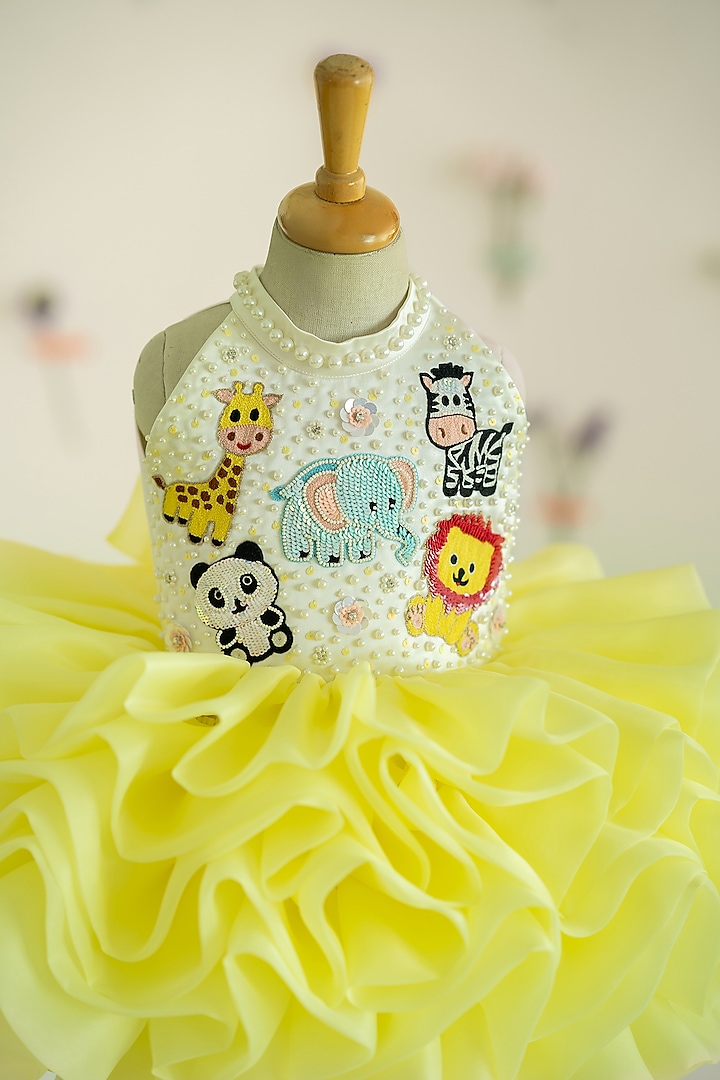 Yellow Bridal Satin Hand Embroidered Fluffy Layered Dress For Girls by Ruchikalathlabel at Pernia's Pop Up Shop