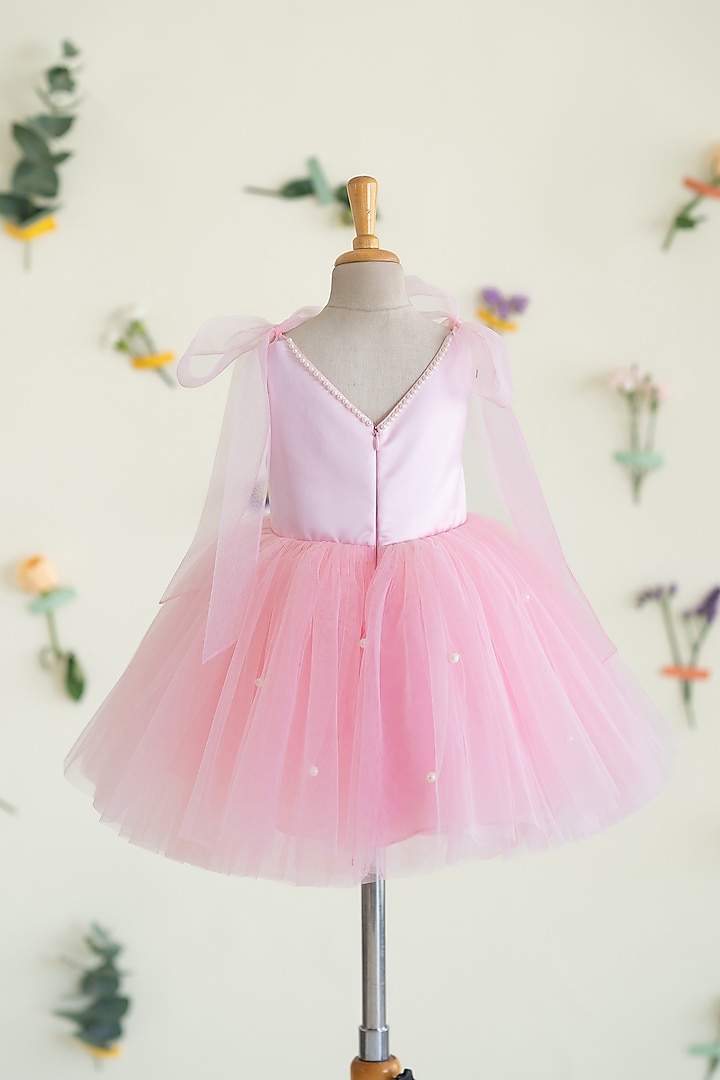 Pink Tulle Hand Embroidered Fluffy Dress For Girls by Ruchikalathlabel at Pernia's Pop Up Shop