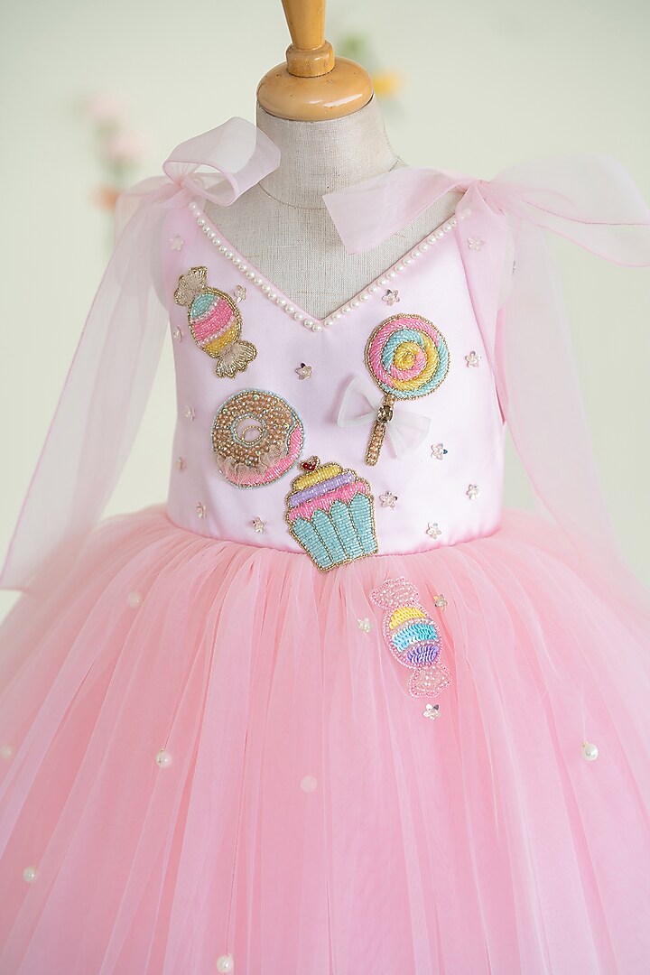 Pink Tulle Hand Embroidered Fluffy Dress For Girls by Ruchikalathlabel at Pernia's Pop Up Shop