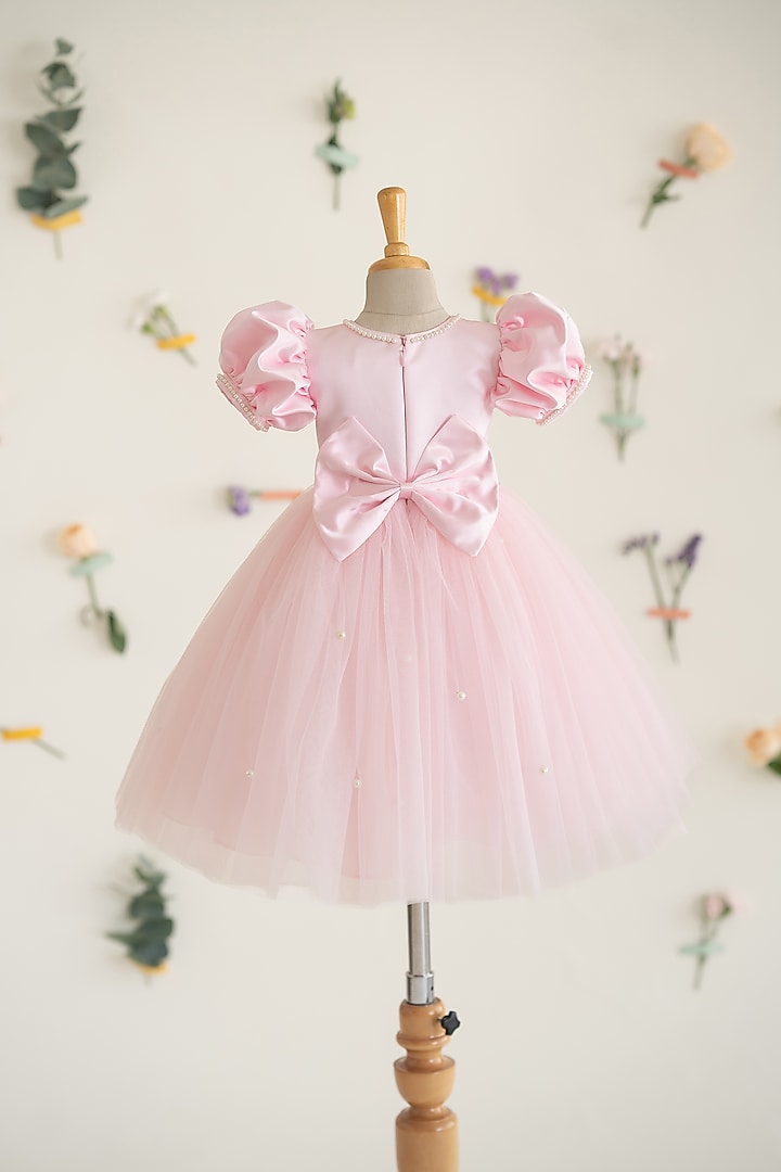 Pink Tulle Floral Applique Embroidered Gown For Girls by Ruchikalathlabel at Pernia's Pop Up Shop