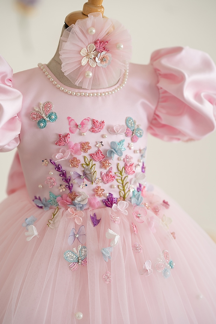 Pink Tulle Floral Applique Embroidered Gown For Girls by Ruchikalathlabel at Pernia's Pop Up Shop