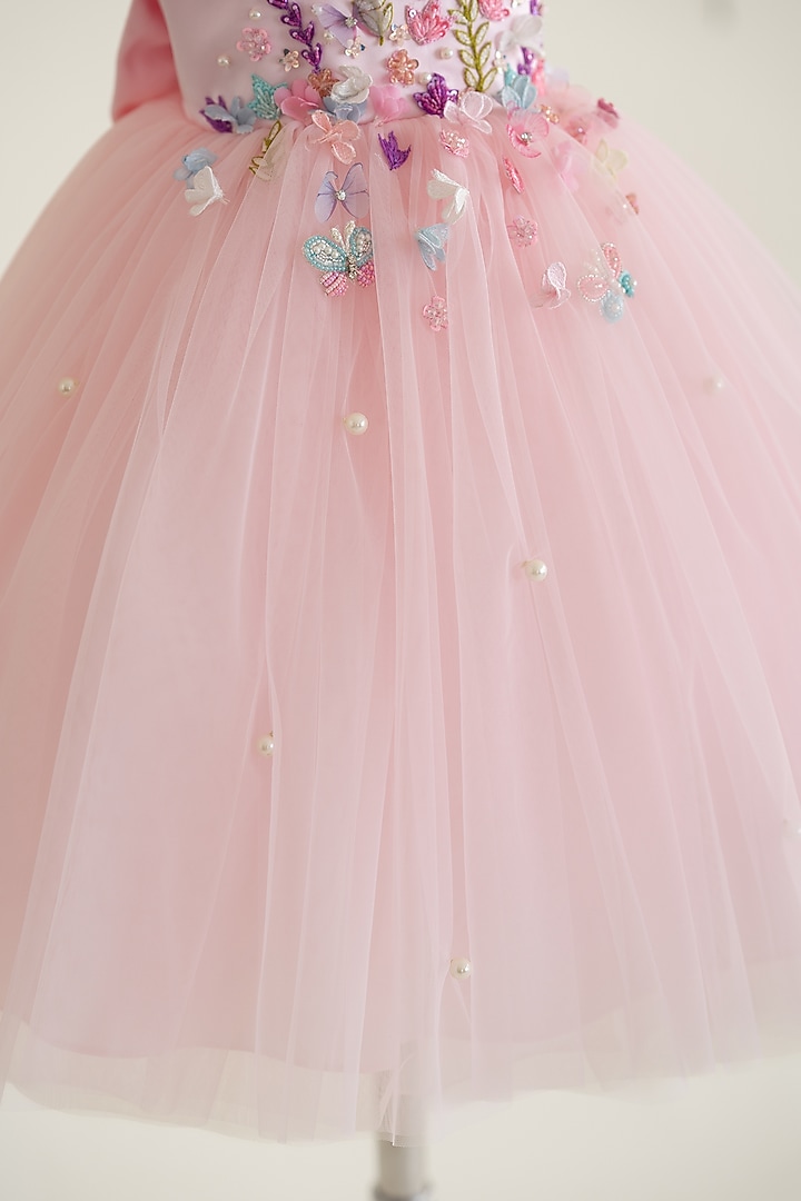 Pink Tulle Floral Applique Embroidered Gown For Girls by Ruchikalathlabel at Pernia's Pop Up Shop