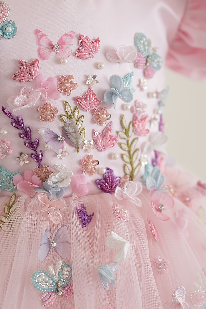 Pink Tulle Floral Applique Embroidered Gown For Girls by Ruchikalathlabel at Pernia's Pop Up Shop