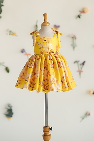 Yellow Soft Japan Satin Floral Printed Dress For Girls by Ruchikalathlabel