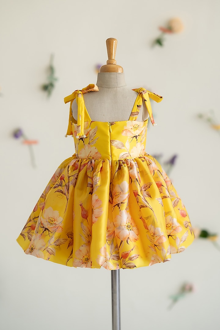 Yellow Soft Japan Satin Floral Printed Dress For Girls by Ruchikalathlabel at Pernia's Pop Up Shop