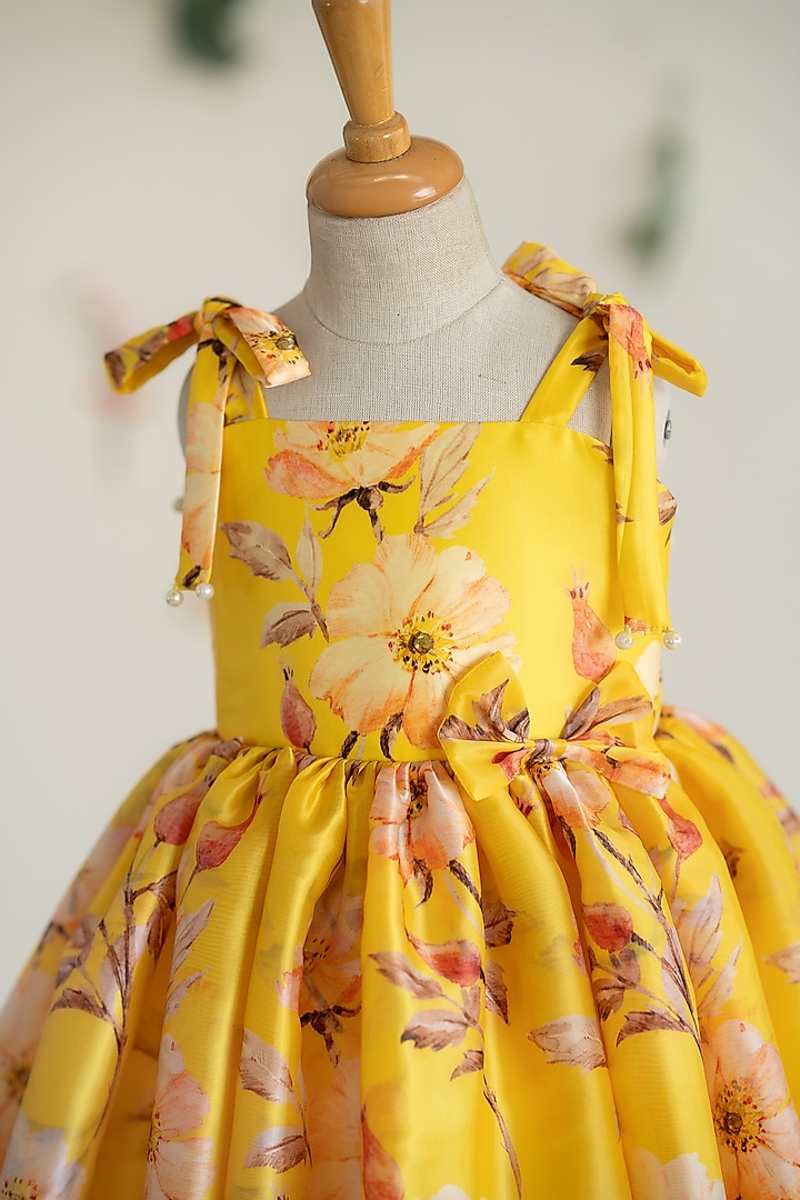 Yellow Soft Japan Satin Floral Printed Dress For Girls by Ruchikalathlabel at Pernia's Pop Up Shop