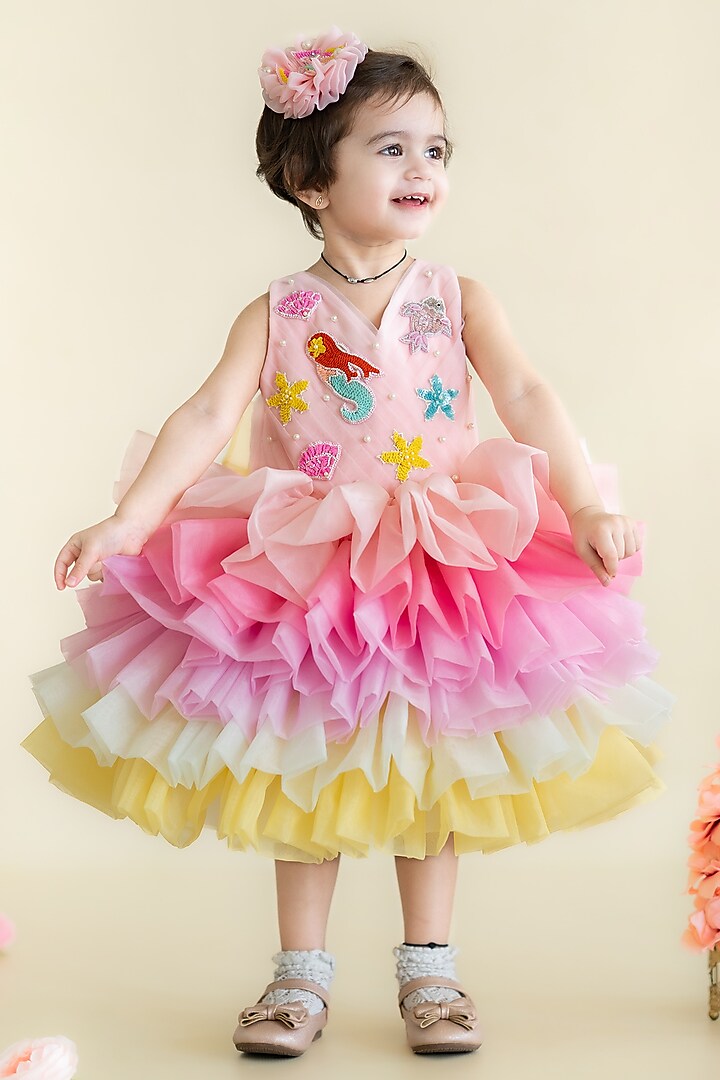 Pink Semi Organza Hand Embroidered Dress For Girls by Ruchikalathlabel