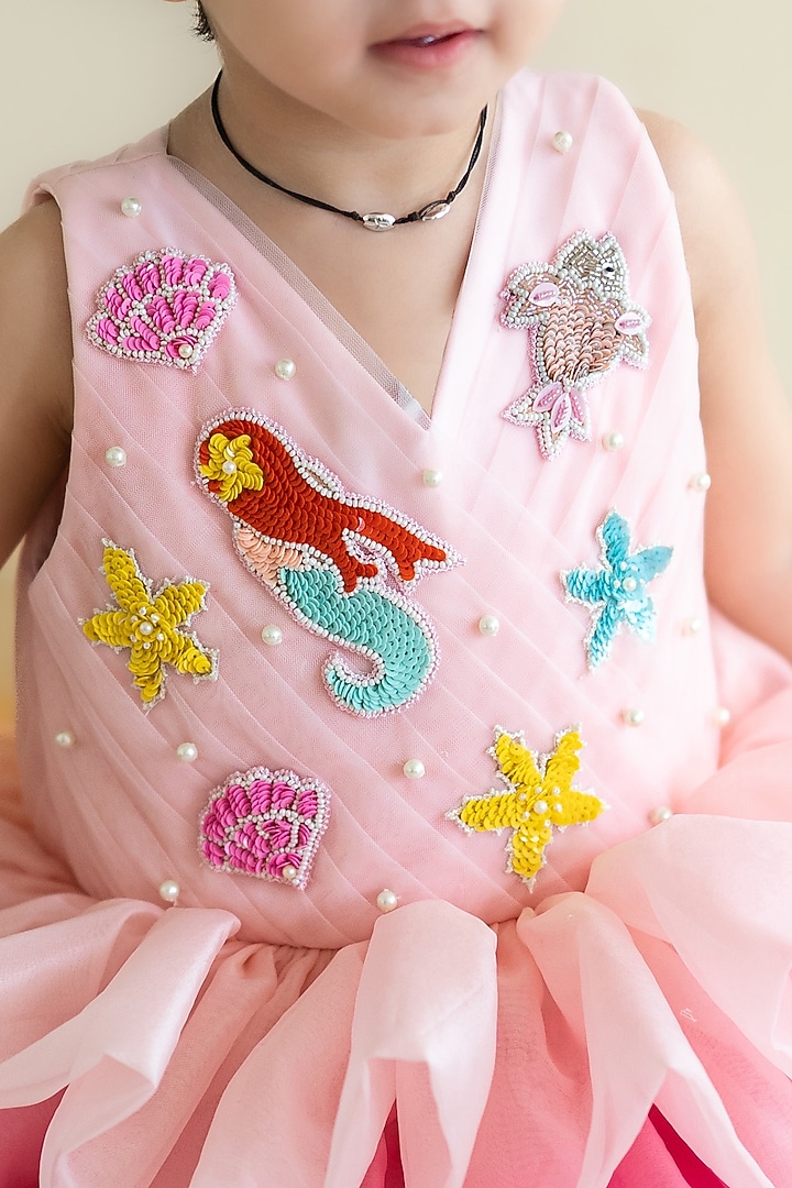 Pink Semi Organza Hand Embroidered Dress For Girls by Ruchikalathlabel at Pernia's Pop Up Shop