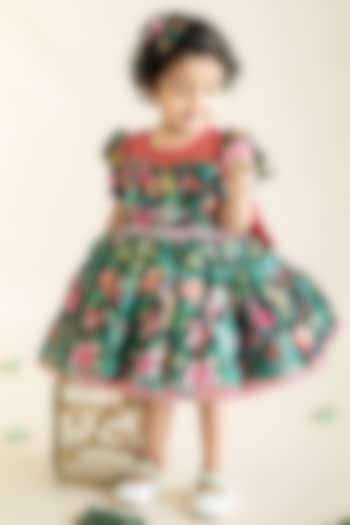 Dark Green Japanese Satin & Tulle Printed Layered Dress Set For Girls by Ruchikalathlabel