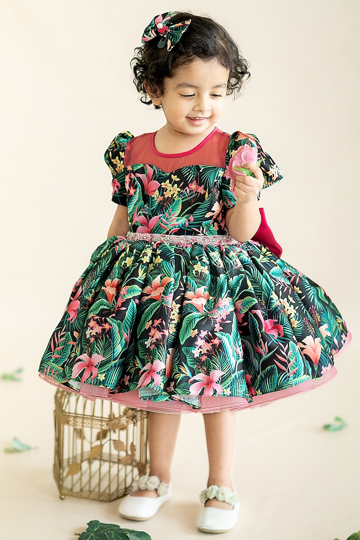 Dark Green Japanese Satin & Tulle Printed Layered Dress Set For Girls by Ruchikalathlabel