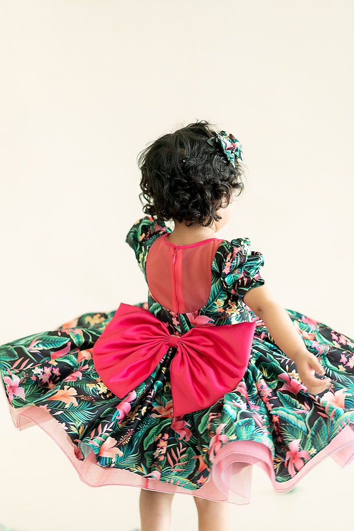 Dark Green Japanese Satin & Tulle Printed Layered Dress Set For Girls by Ruchikalathlabel at Pernia's Pop Up Shop