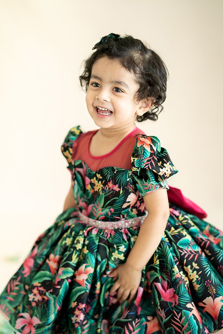 Dark Green Japanese Satin & Tulle Printed Layered Dress Set For Girls by Ruchikalathlabel at Pernia's Pop Up Shop