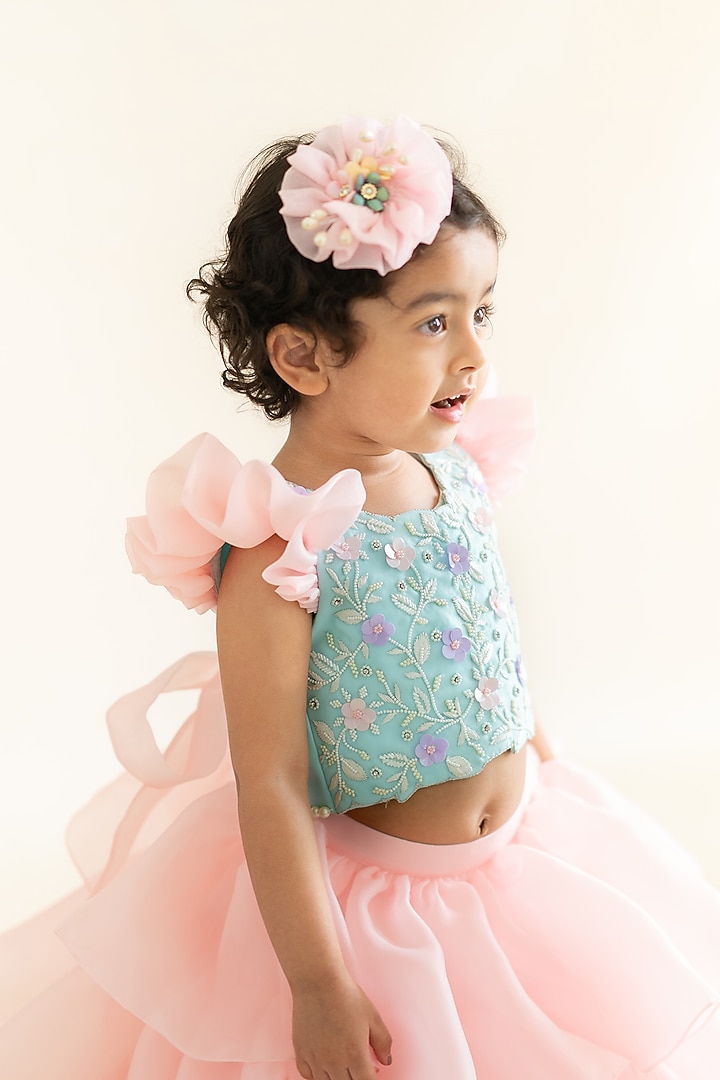 Pink Butter Organza Layered Lehenga Set For Girls by Ruchikalathlabel at Pernia's Pop Up Shop