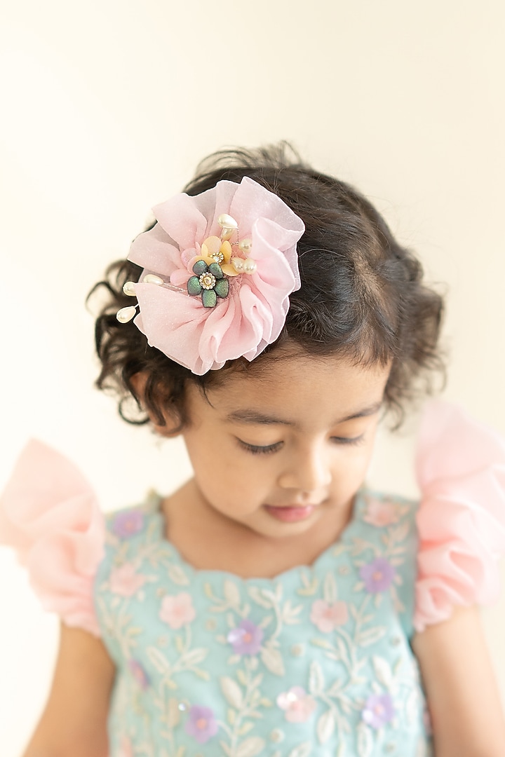 Pink Butter Organza Layered Lehenga Set For Girls by Ruchikalathlabel at Pernia's Pop Up Shop