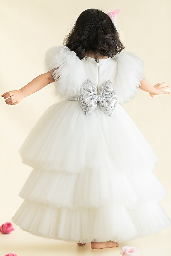 White Tulle & Bridal Satin Hand Embroidered High-Low Gown For Girls by Ruchikalathlabel at Pernia's Pop Up Shop