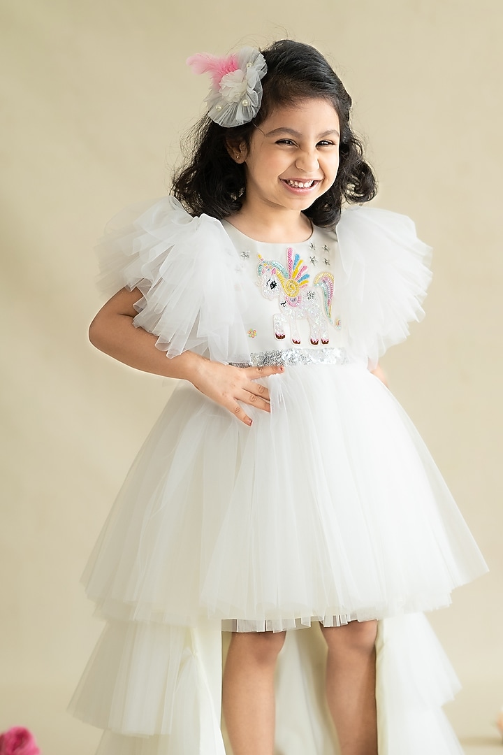 White Tulle & Bridal Satin Hand Embroidered High-Low Gown For Girls by Ruchikalathlabel at Pernia's Pop Up Shop