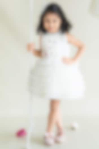 Off-White Tulle Hand Embroidered Layered Dress For Girls by Ruchikalathlabel