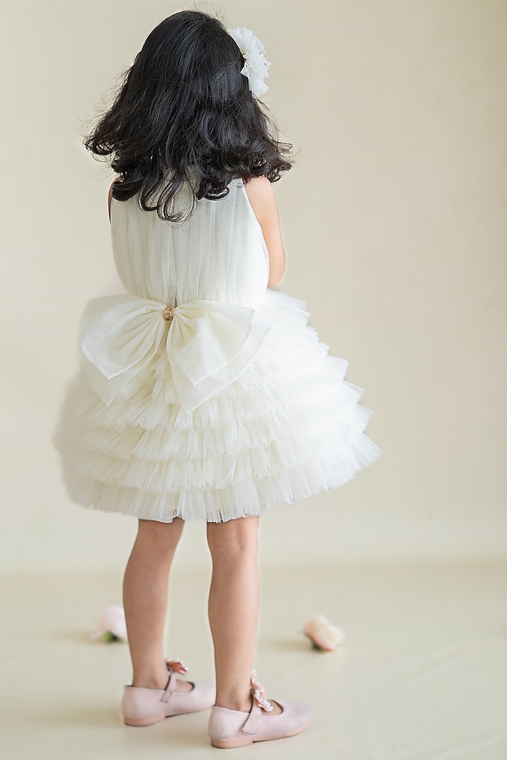 Off-White Tulle Hand Embroidered Layered Dress For Girls by Ruchikalathlabel at Pernia's Pop Up Shop