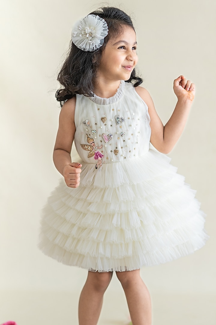 Off-White Tulle Hand Embroidered Layered Dress For Girls by Ruchikalathlabel at Pernia's Pop Up Shop