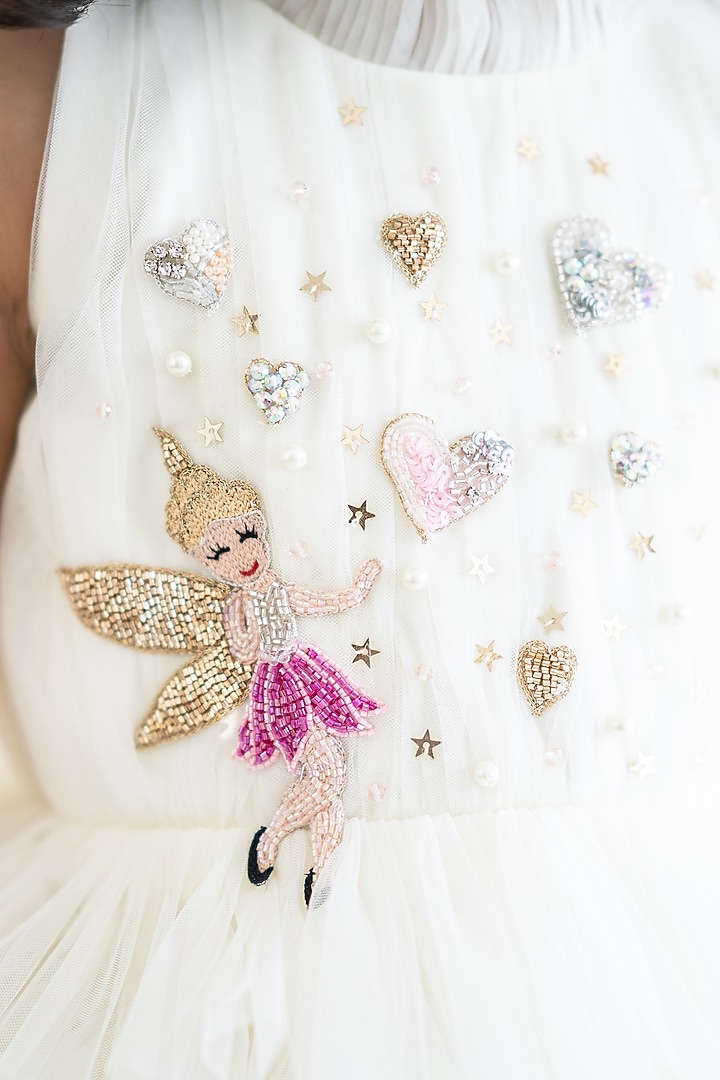 Off-White Tulle Hand Embroidered Layered Dress For Girls by Ruchikalathlabel at Pernia's Pop Up Shop