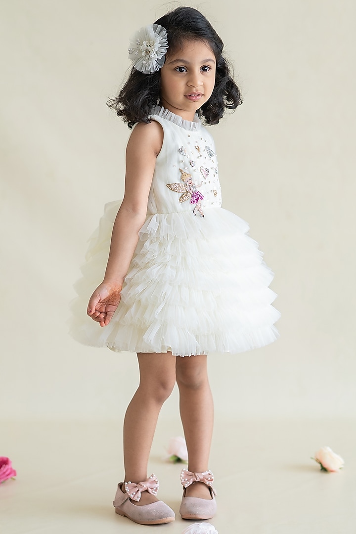 Off-White Tulle Hand Embroidered Layered Dress For Girls by Ruchikalathlabel at Pernia's Pop Up Shop