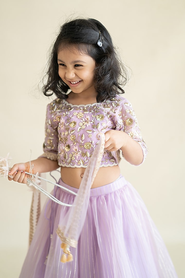 Lavender Tulle & Organza Lehenga Set For Girls by Ruchikalathlabel at Pernia's Pop Up Shop