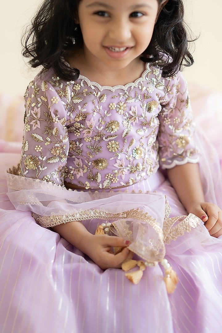 Lavender Tulle & Organza Lehenga Set For Girls by Ruchikalathlabel at Pernia's Pop Up Shop