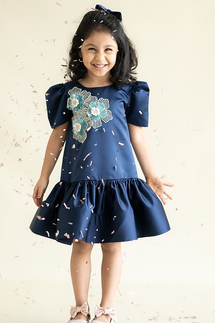 Navy Blue Bridal Satin Hand Embroidered Dress For Girls by Ruchikalathlabel