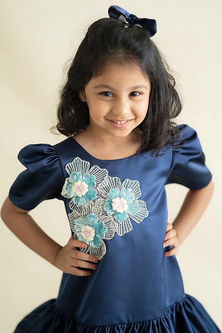 Navy Blue Bridal Satin Hand Embroidered Dress For Girls by Ruchikalathlabel at Pernia's Pop Up Shop