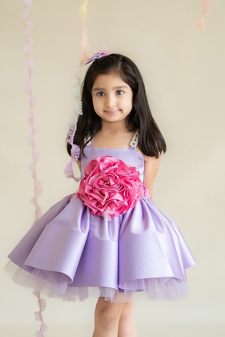Lavender Bridal Satin & Tulle Embroidered Dress For Girls by Ruchikalathlabel at Pernia's Pop Up Shop