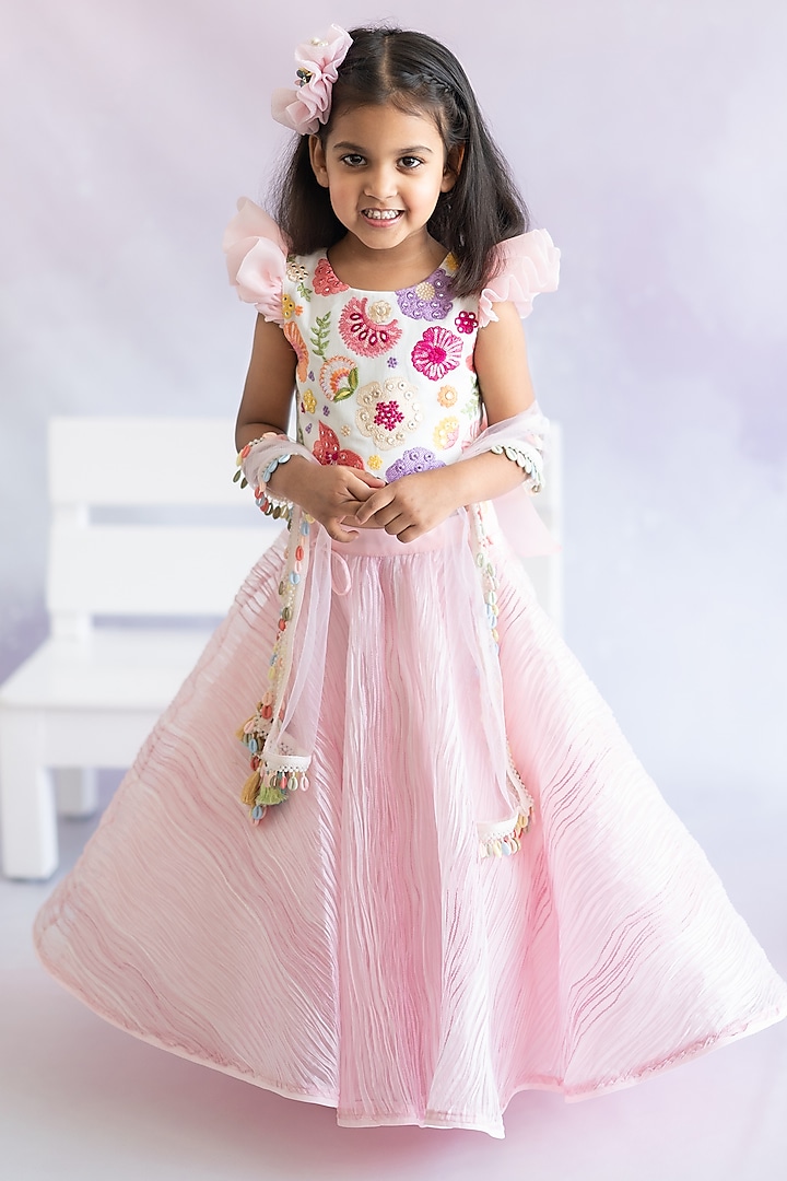 Pink Textured Organza Pleated Lehenga Set For Girls by Ruchikalathlabel