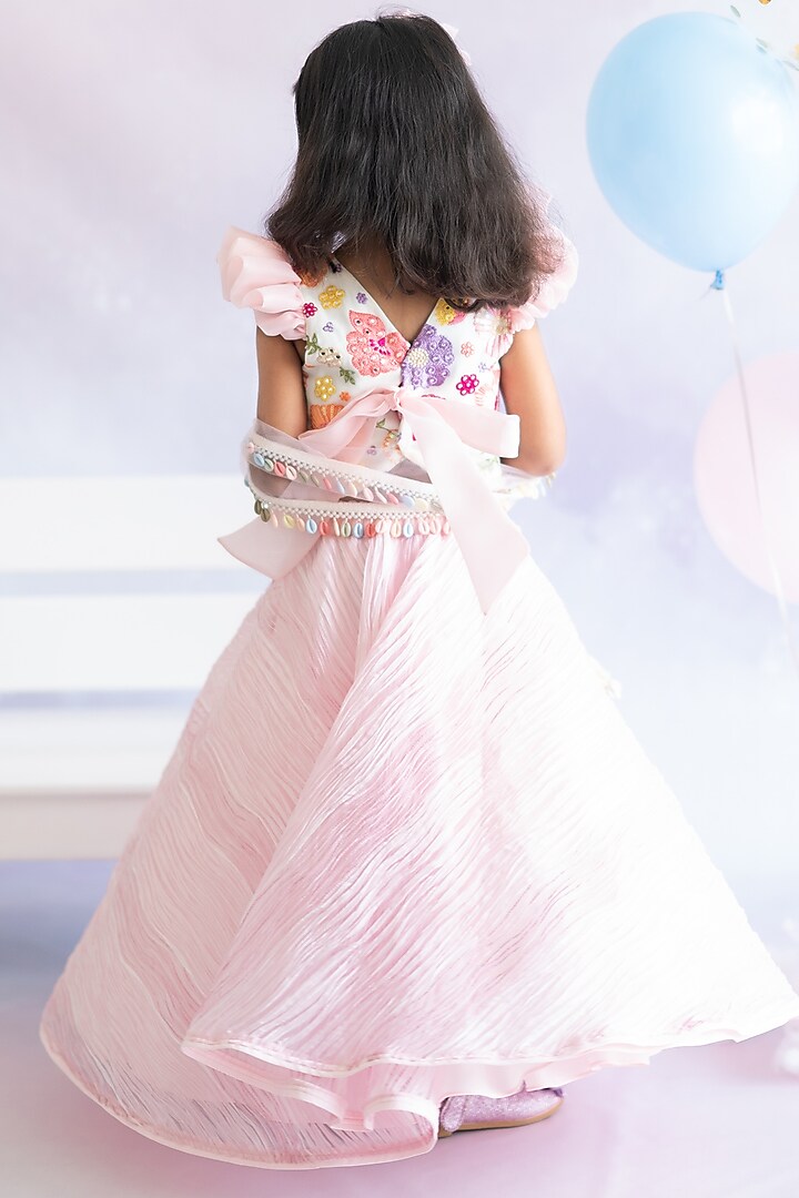 Pink Textured Organza Pleated Lehenga Set For Girls by Ruchikalathlabel at Pernia's Pop Up Shop