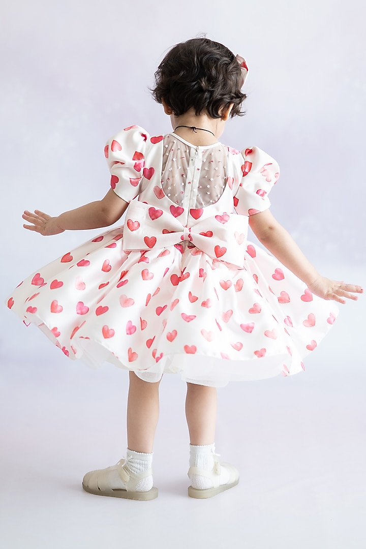 Off-White Japanese Satin Printed Dress For Girls by Ruchikalathlabel at Pernia's Pop Up Shop